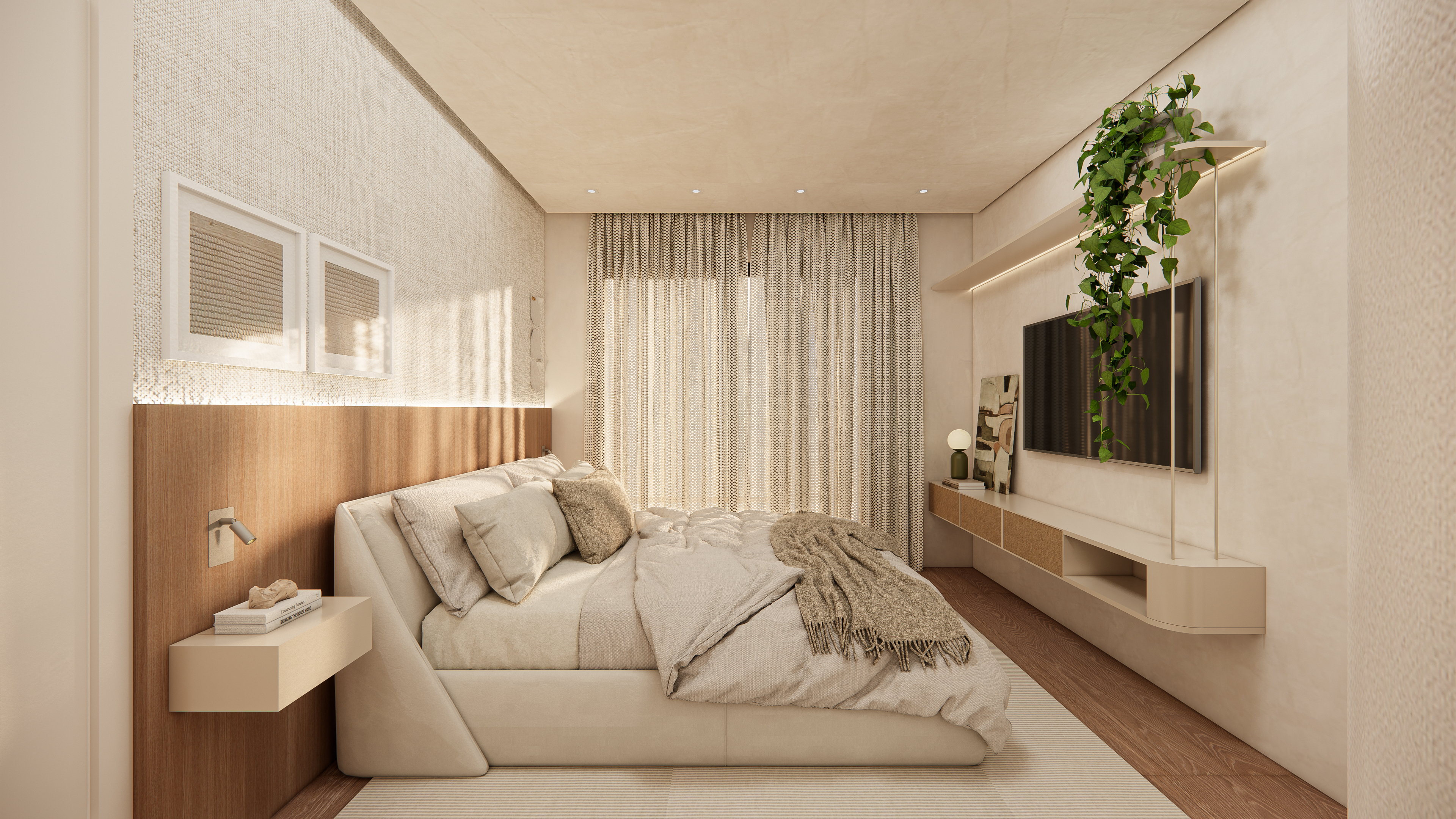 Suíte master — ângulo da cama e cabeceira
