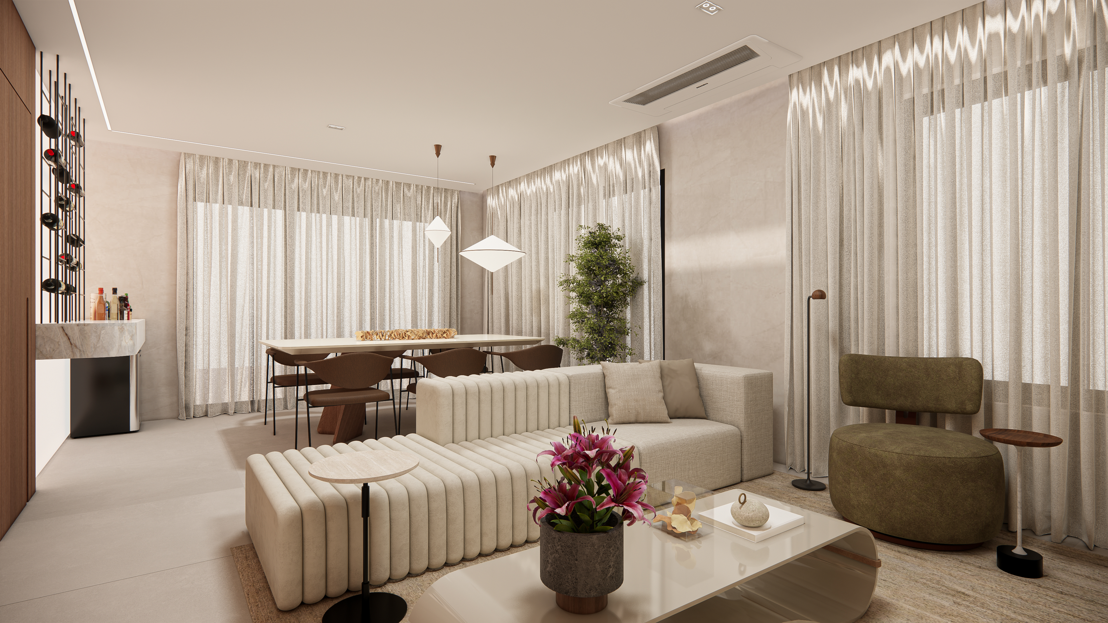 Sala de estar e jantar — detalhes de iluminação e mobiliário