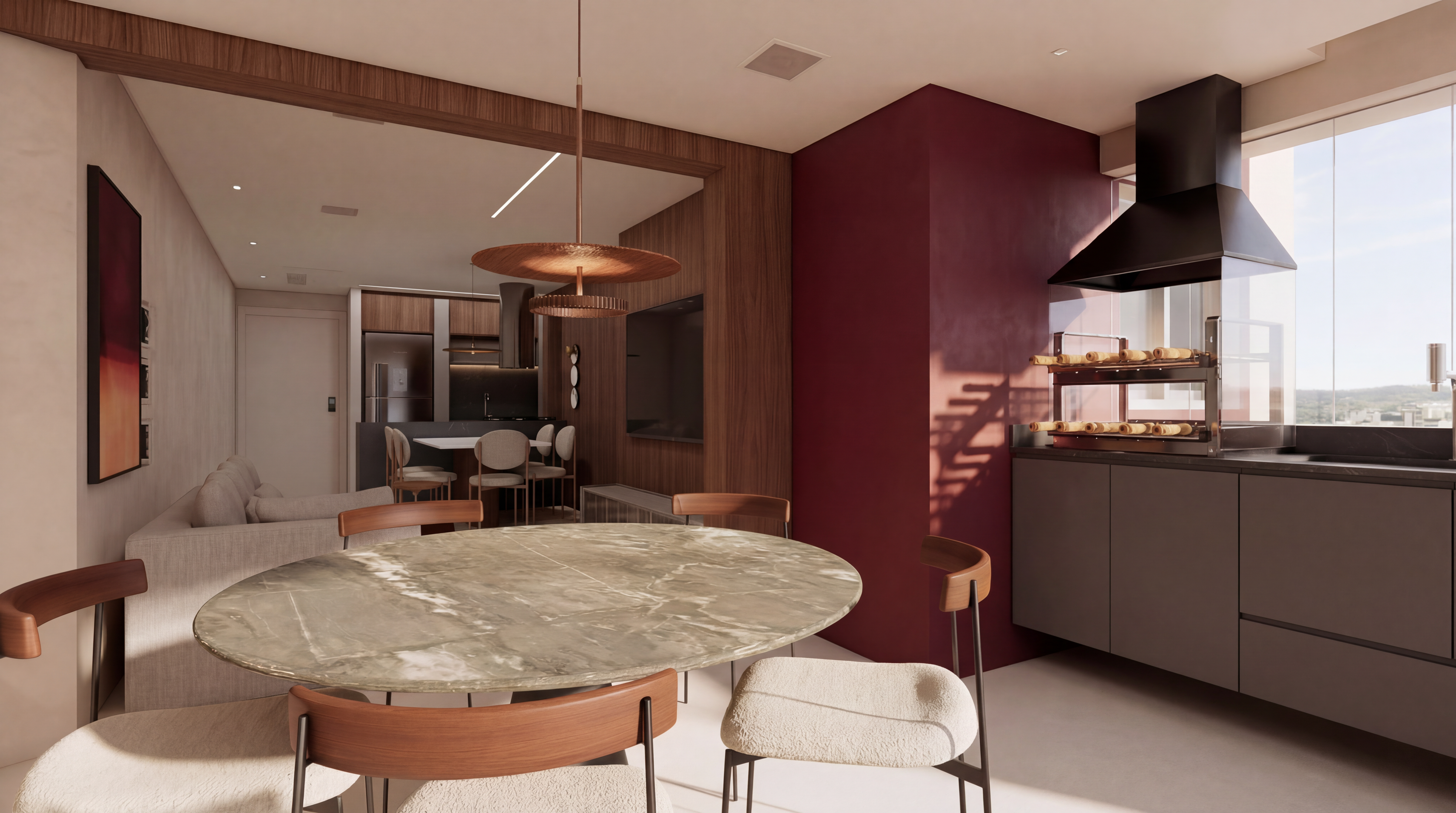 Living integrado — varanda gourmet com mesa em mármore