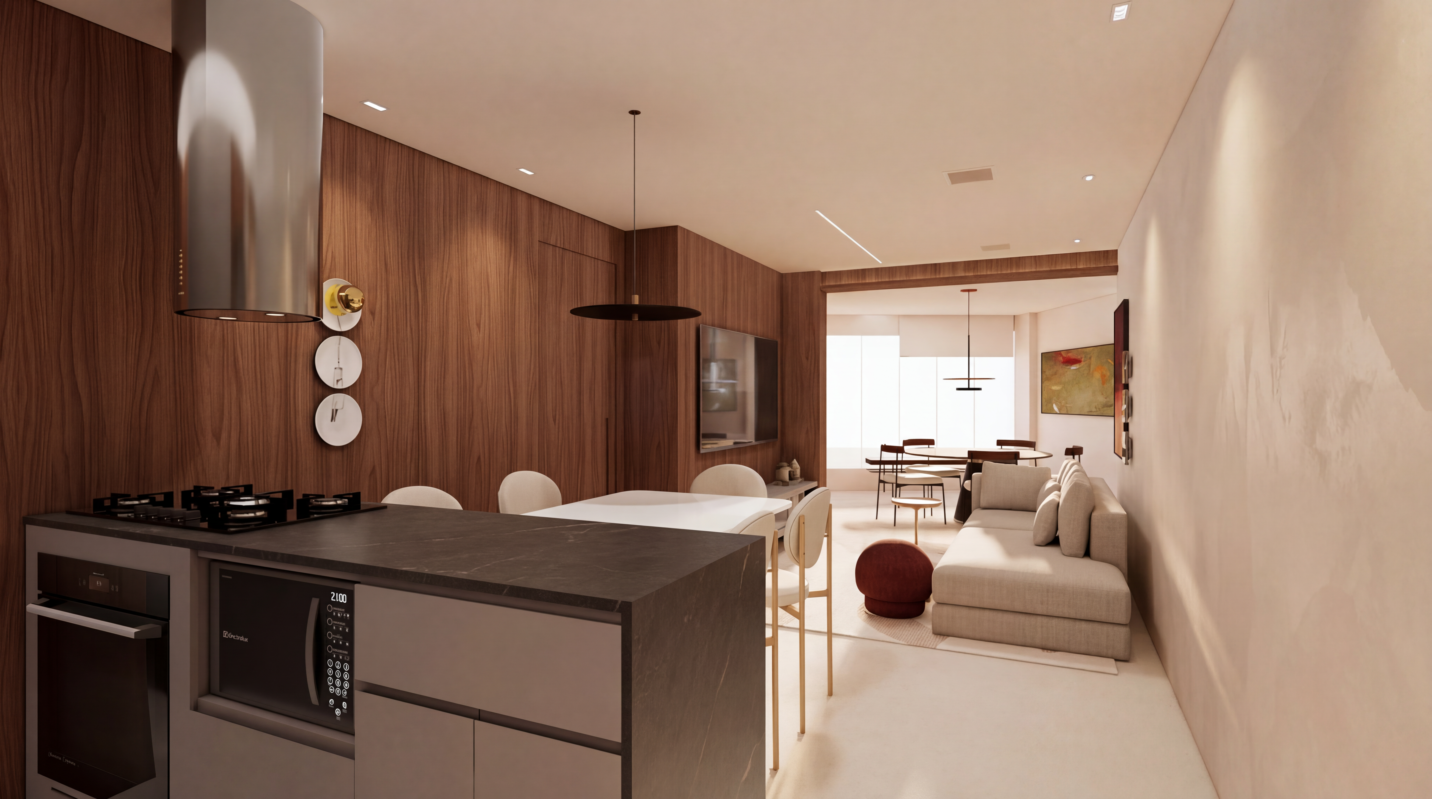 Living integrado — cozinha gourmet integrada à sala