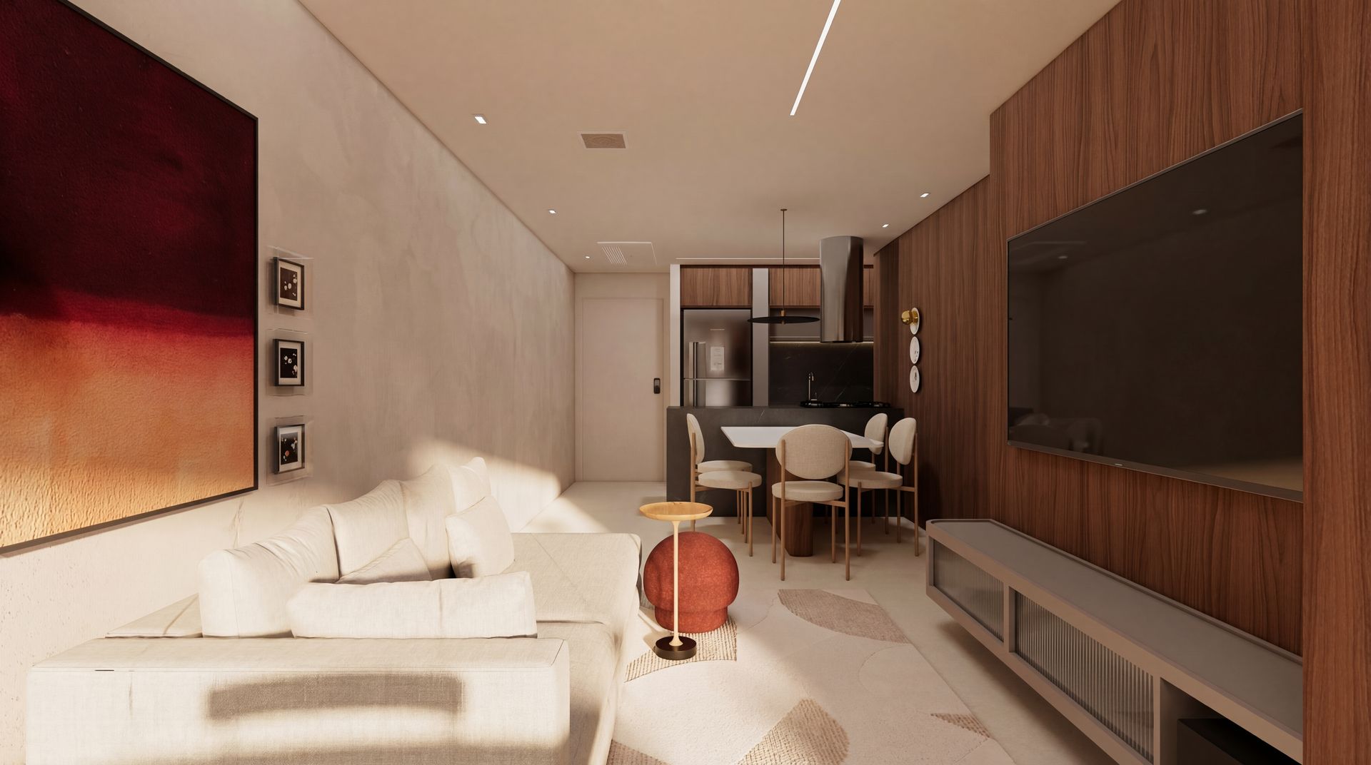 Living integrado — sala de estar com painel em madeira